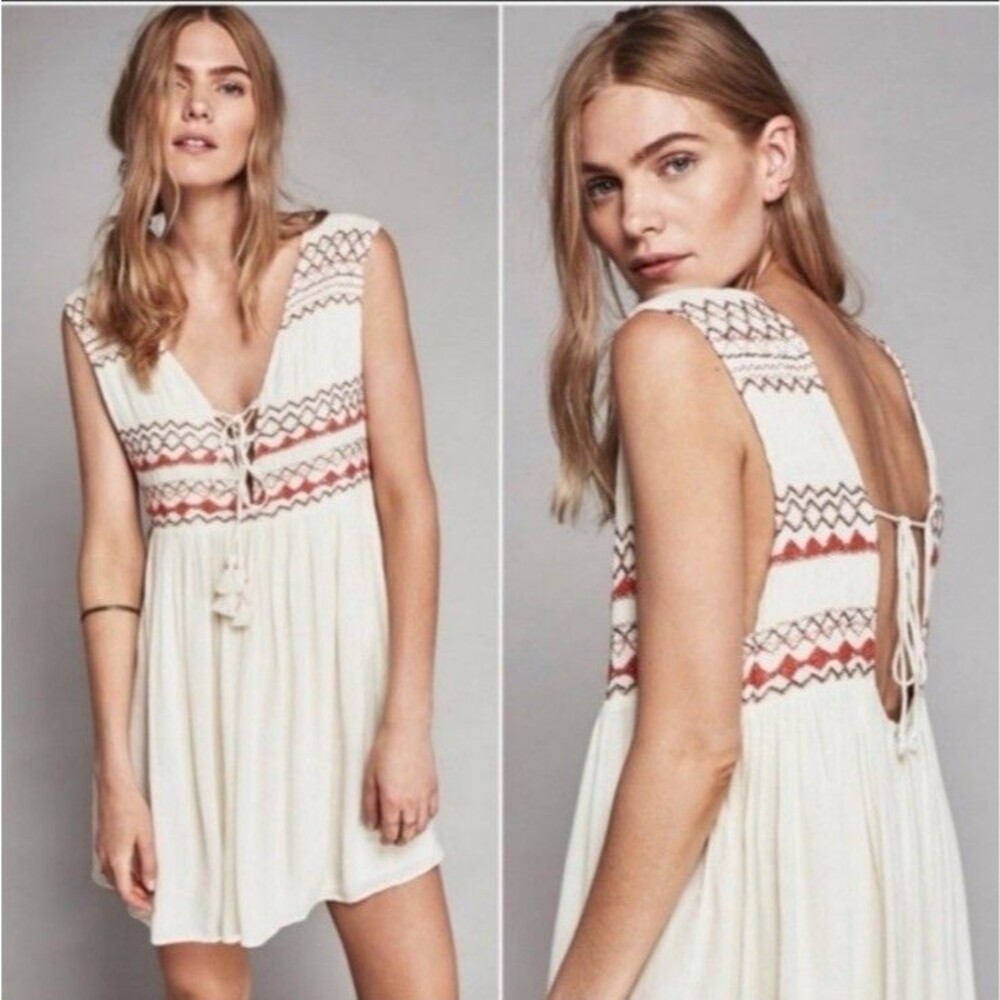 $128 NWT FREE PEOPLE XS EMBROIDERED SIMPLY LACE UP SLEEVELESS DRESS IVORY COMBO